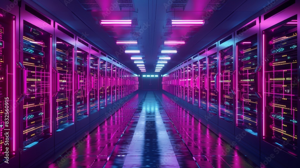 Blockchain mining farm with neon rows and wide racks, highlighting relentless computation and cryptocurrency creation. Perfect for illustrating digital gold and futuristic technology Blockchain mining farm with neon rows and wide racks, highlighting relentless computation and cryptocurrency creation. Perfect for illustrating digital gold and futuristic technology