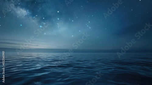 A serene night sky over a calm ocean, with the stars reflecting on the water's surface and creating a magical scene
