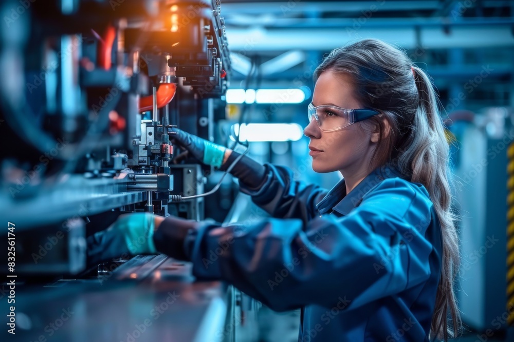 woman engineer working on a complex machine in a high-tech manufacturing plant woman engineer working on a complex machine in a high-tech manufacturing plant