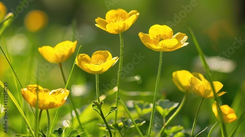 Yellow buttercup flowers bloom during spring representing the beauty of the natural world and symbolizing concepts of spring youth and growth photo