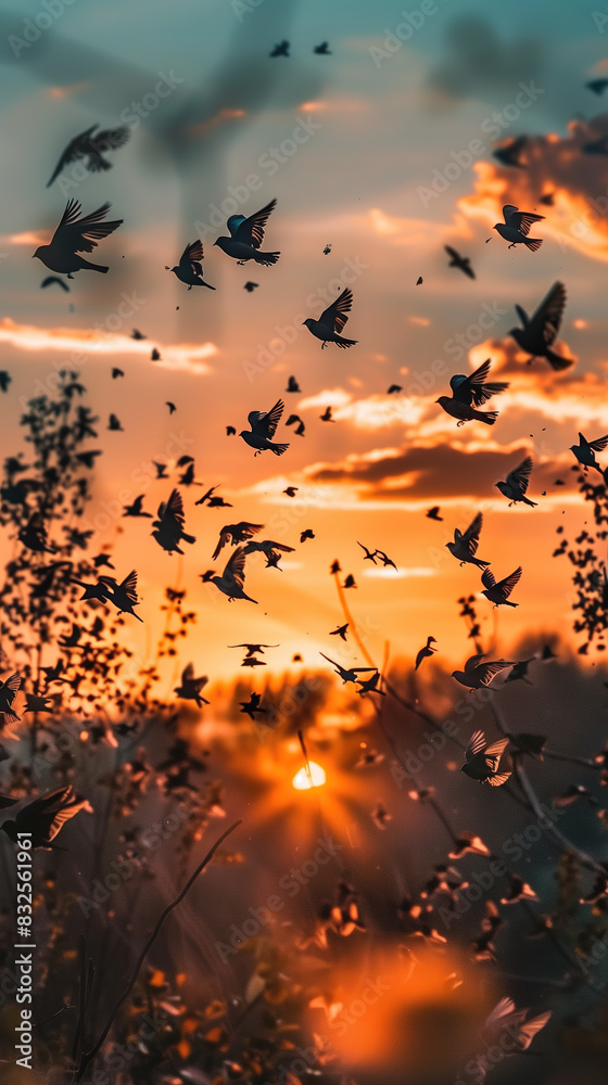 A group of birds in flight, silhouetted against an orange and sunset sky. A group of birds in flight, silhouetted against an orange and sunset sky.