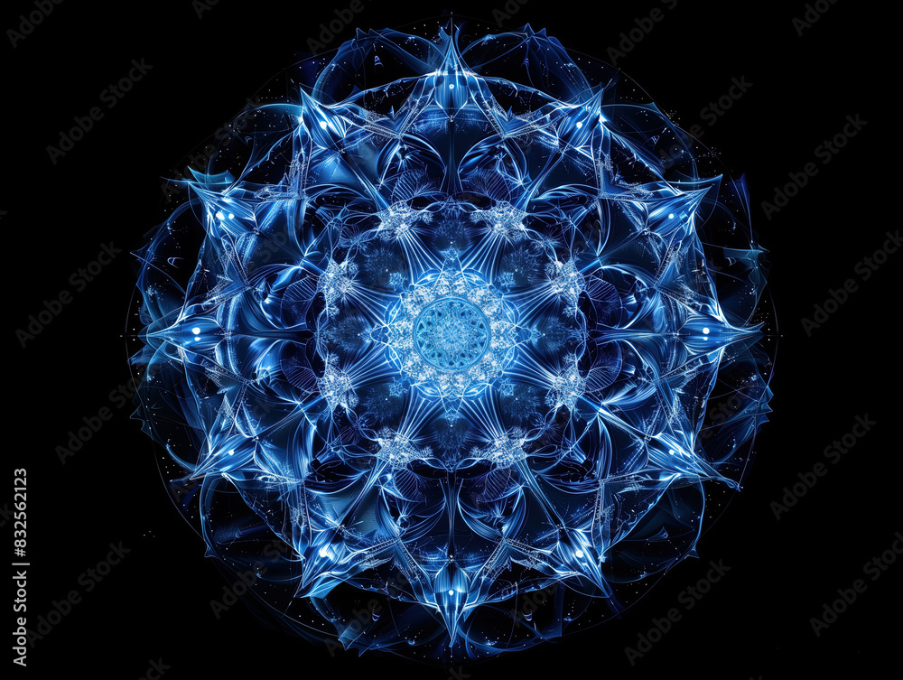 Radiant Blue Fractal Pattern in Symmetrical Design on Black Background Radiant Blue Fractal Pattern in Symmetrical Design on Black Background