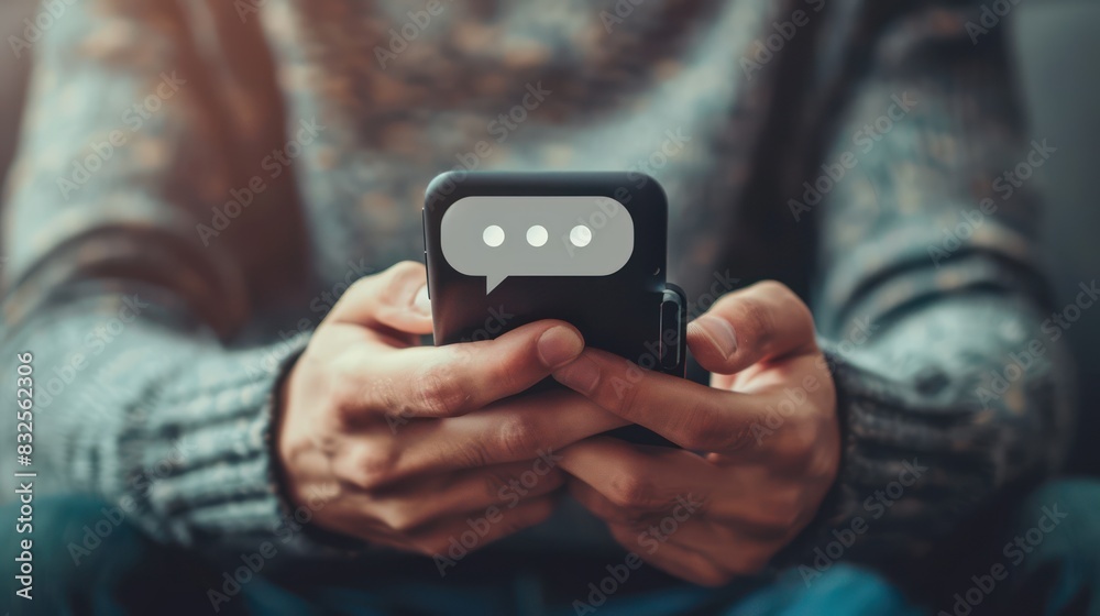 hands of a man holding a smartphone with Live Chat online communication hands of a man holding a smartphone with Live Chat online communication
