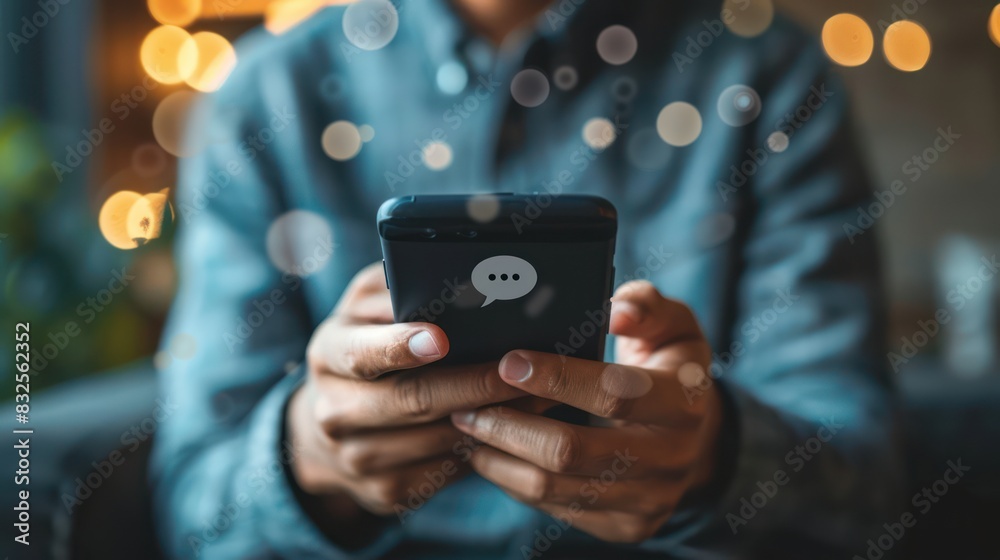 hands of a man holding a smartphone with Live Chat online communication hands of a man holding a smartphone with Live Chat online communication