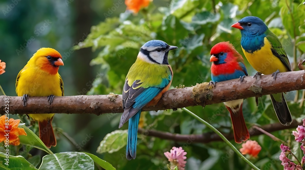 contains a variety of birds sitting on a branch contains a variety of birds sitting on a branch