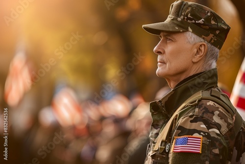 A solemn scene of a veteran standing in a parade, dressed in military uniform, with the American flag patch visible on his shoulder.