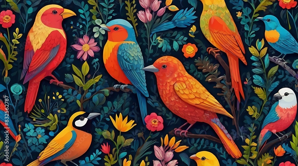 Obraz premium pattern of colorful birds and flowers on a dark blue background.