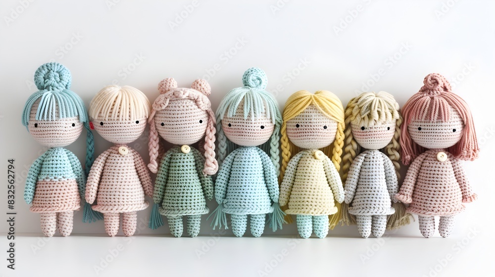 Fototapeta premium A Whimsical Collection of Pastel Crochet Dolls with Charming Smiles and Intricate Textures