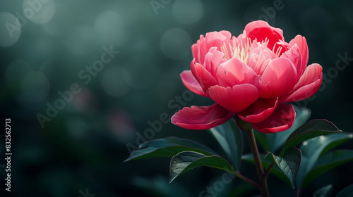 Soft pink peony flower  dark nature bokeh background  copy space