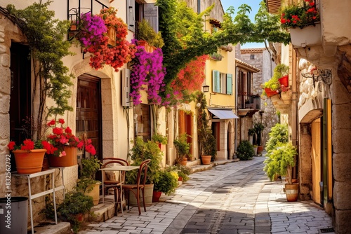 Cozy street in the historic center of Antibes, France, French Riviera near the Mediterranean Sea