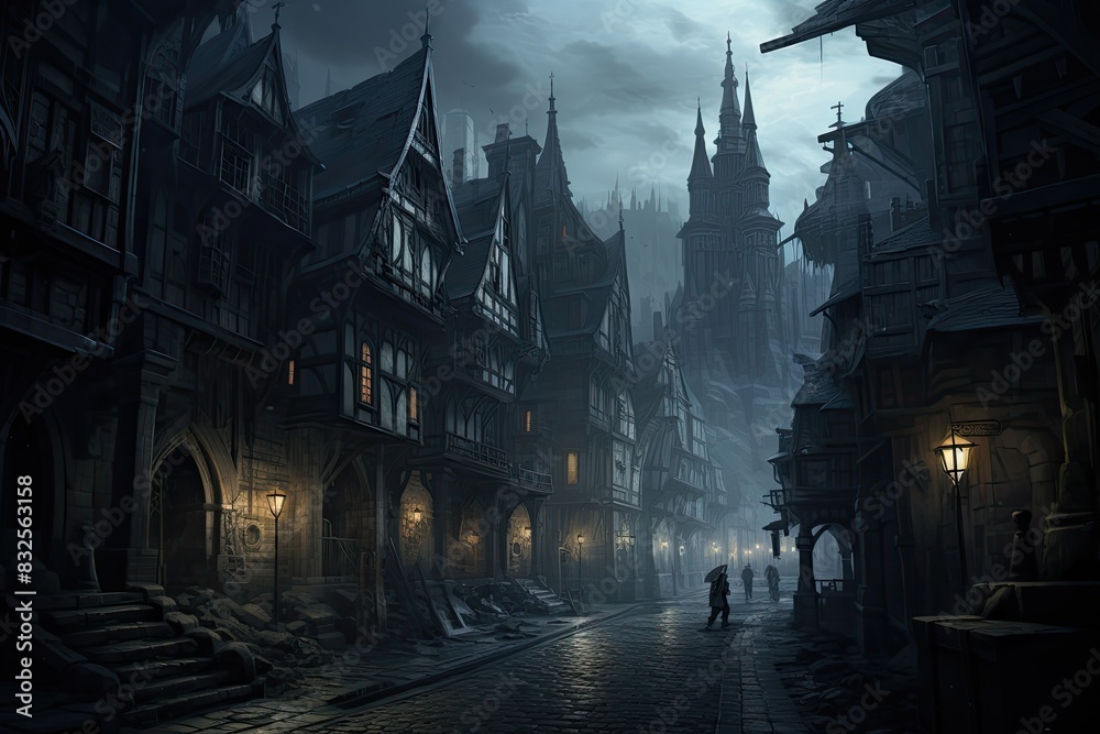 Obraz premium Old European city street with Gothic architecture and a dramatic atmosphere