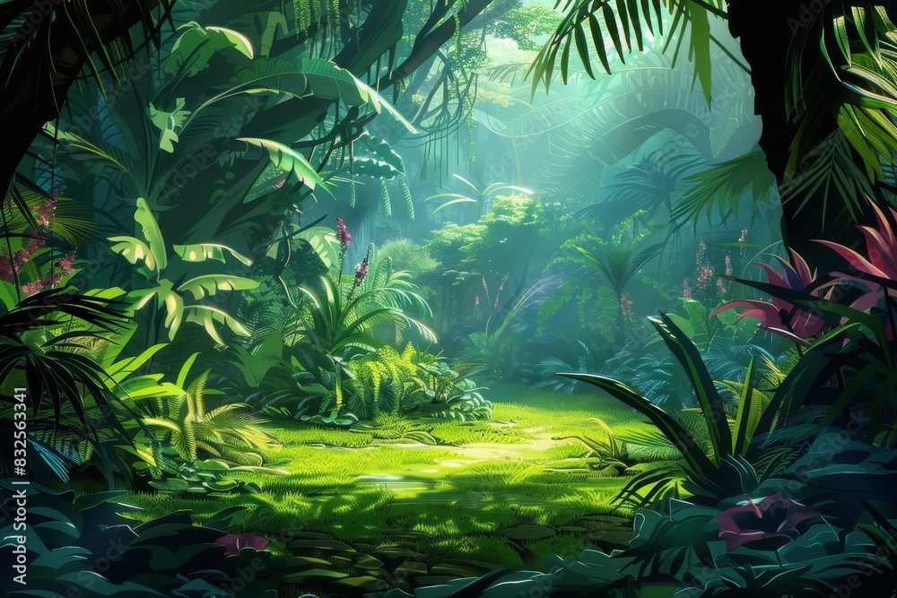 a tranquil atmosphere in a lush and vibrant jungle