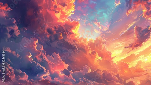 A sky filled with stunning, colorful clouds during sunset, with sunlight casting a warm, golden glow on the scene © Lcs