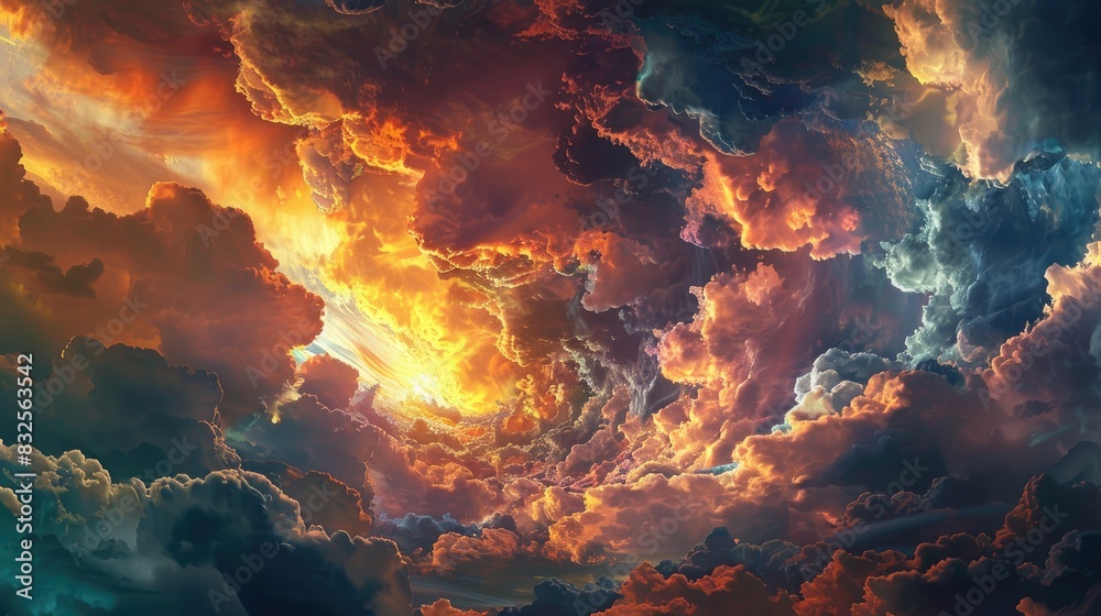 A sky filled with stunning, colorful clouds during sunset, with sunlight casting a warm, golden glow on the scene A sky filled with stunning, colorful clouds during sunset, with sunlight casting a warm, golden glow on the scene