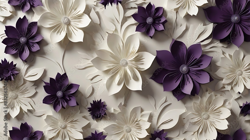 3D rendering of a wall of white and purple paper flowers. 3D rendering of a wall of white and purple paper flowers.