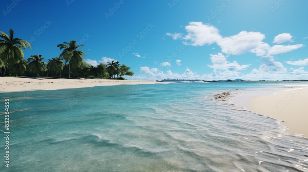 Fototapeta premium Scenic view of a tropical beach with clear waters and palm trees under a sunny sky