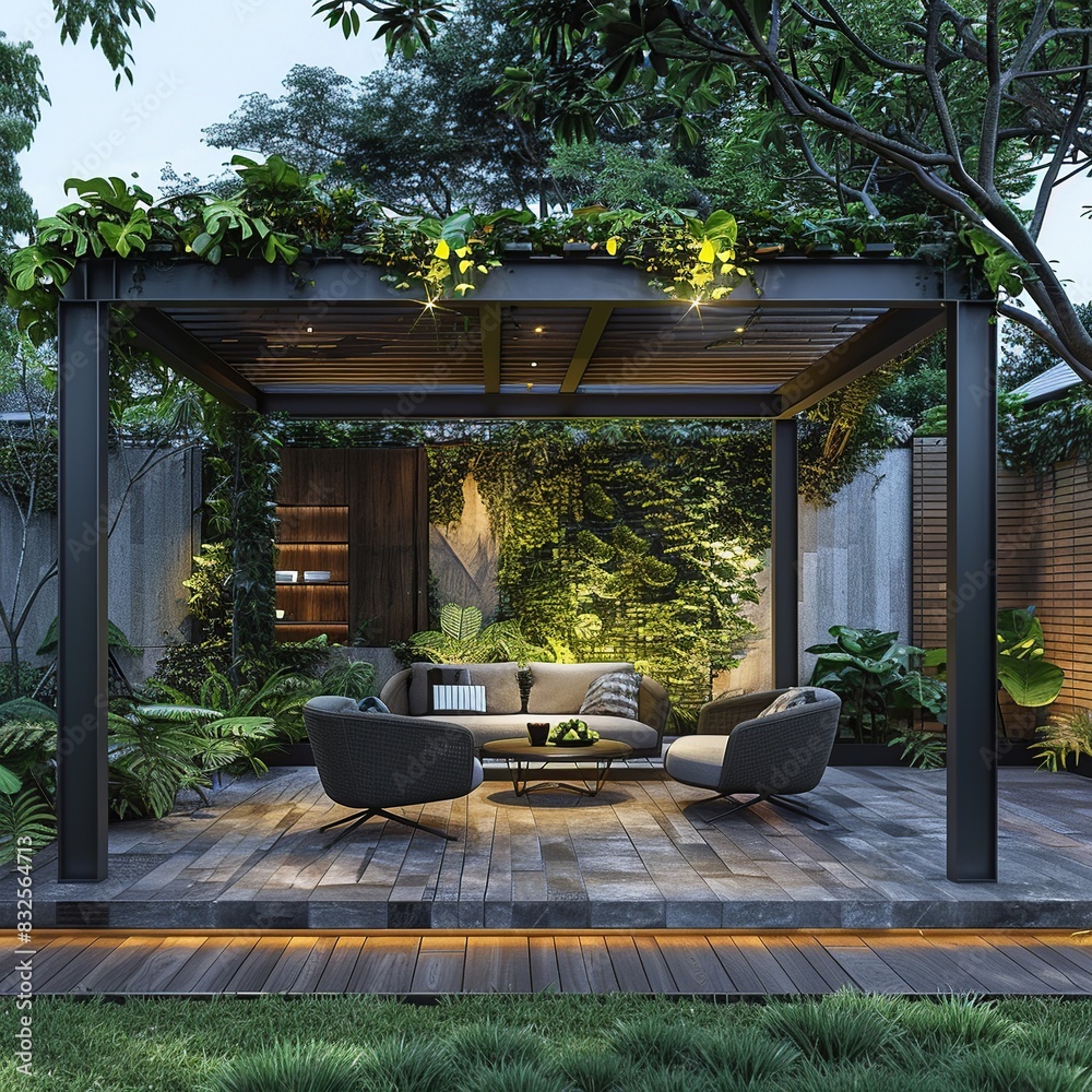 Explore a sleek pergola design in a photo, featuring modern furniture ...