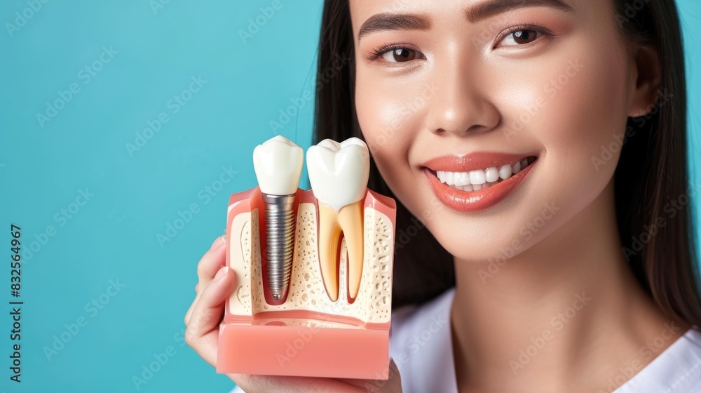 Perfect white crowns on a girl's teeth in close-up with shade guide bleach, a woman's smile, dental care and dentistry.