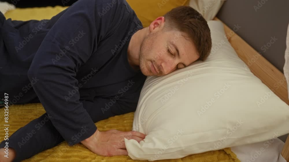 A young hispanic man lying in bed, resting his head on a pillow in a cozy bedroom. A young hispanic man lying in bed, resting his head on a pillow in a cozy bedroom.