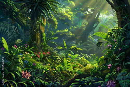 a jungle overflowing with lush greenery and blooms