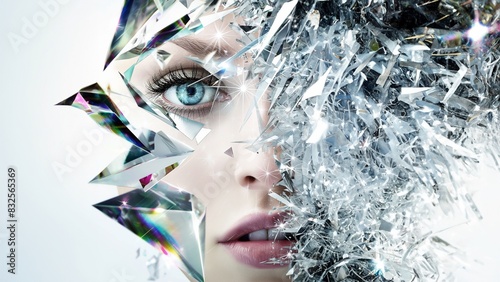Frau Fashion Gesicht mit Glassplitter Explosion Nahaufnahme photo
