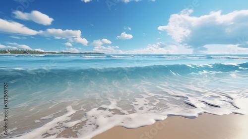 A picturesque beach scene featuring clear blue skies  tranquil ocean waves  and a serene sandy shore