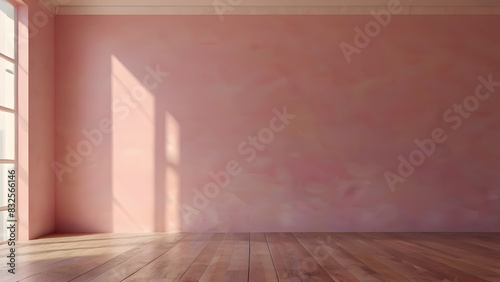 empty pink wall in modern bright room with window and wooden floor. 3d render of minimalistic interior design. Scandinavian empty room mock up with copy space 