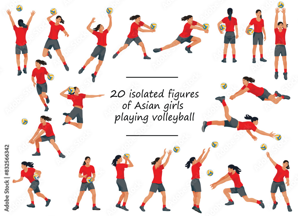 20 figures of Asian women's volleyball team players in red T-shirts training, running, jumping, throwing, hitting the ball 20 figures of Asian women's volleyball team players in red T-shirts training, running, jumping, throwing, hitting the ball