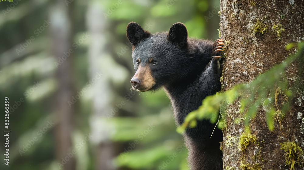 Black bear climbing a tree, forest in the background, focus on the bear Black bear climbing a tree, forest in the background, focus on the bear