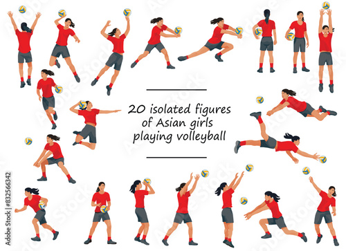20 figures of Asian women's volleyball team players in red T-shirts training, running, jumping, throwing, hitting the ball