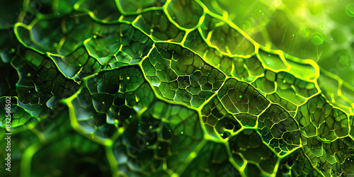 Chlorophyll Pigment Absorption: Close-up view of chlorophyll pigments in plant cells, highlighting photosynthesis and light absorption