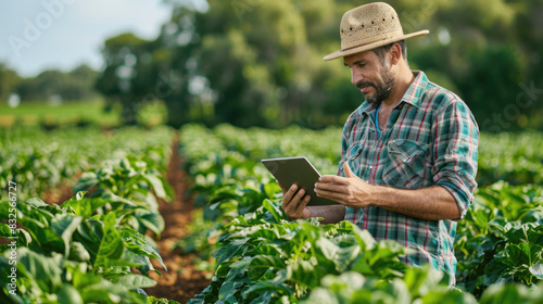 A farmer works on a plantation looking at crop development on a tablet