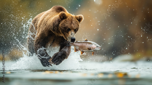 Brown bear catching a salmon in a river, water splashing dramatically 