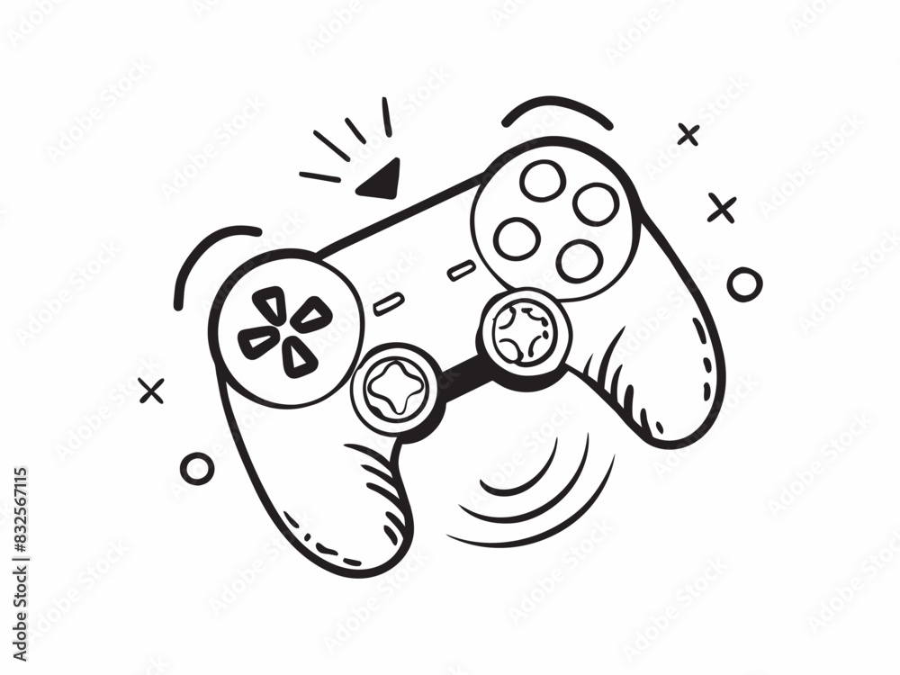 Illustration of a gaming controller with dual analog sticks, black and white outline design Illustration of a gaming controller with dual analog sticks, black and white outline design