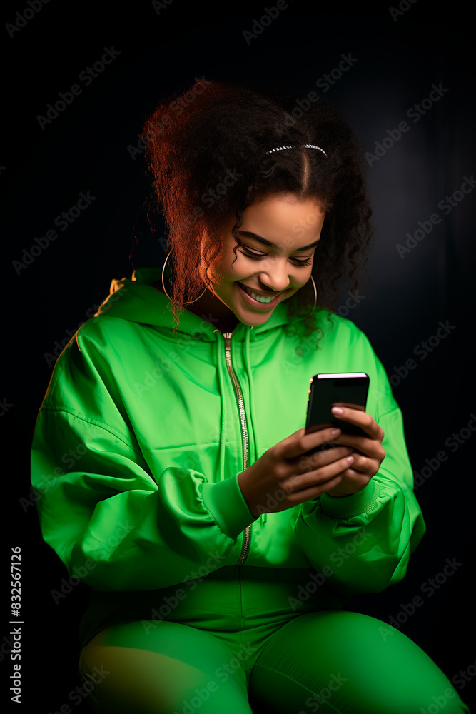 a mixed race girl, aged 20, looking at her cellphone, wearing a green outfit, young and trendy a mixed race girl, aged 20, looking at her cellphone, wearing a green outfit, young and trendy