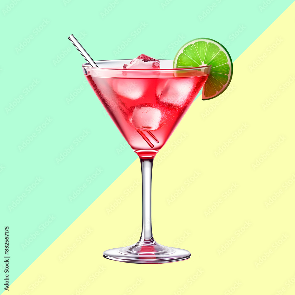 Delicious Cosmopolitan Cocktail with Lime Wedge on Trendy Pastel Teal and Yellow Background, Ideal for Cocktail Promotions and Festive Events Delicious Cosmopolitan Cocktail with Lime Wedge on Trendy Pastel Teal and Yellow Background, Ideal for Cocktail Promotions and Festive Events