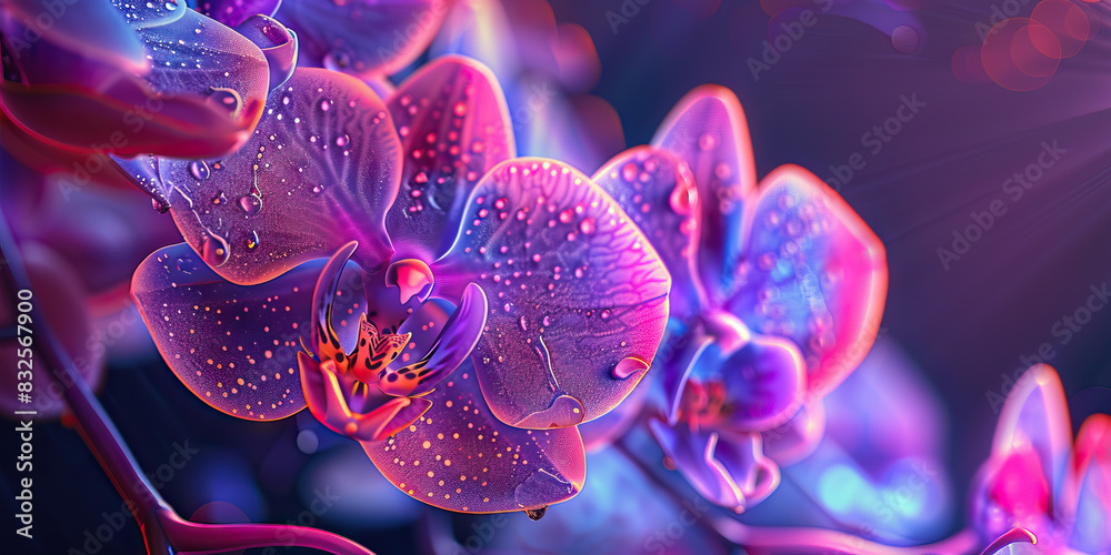 An orchid plant, its petals in various shades of purple, pink and white, defiantly growing amidst a microscope slide, magnifying its delicate structure for analysis An orchid plant, its petals in various shades of purple, pink and white, defiantly growing amidst a microscope slide, magnifying its delicate structure for analysis