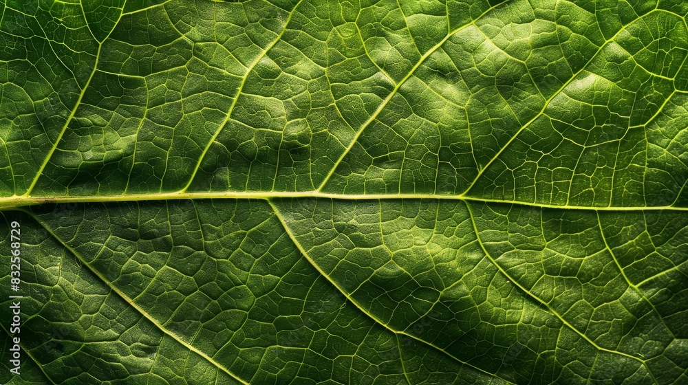Obraz premium Close-up of a vibrant green leaf, showcasing its intricate details and natural beauty. Perfect for nature and botanical themes