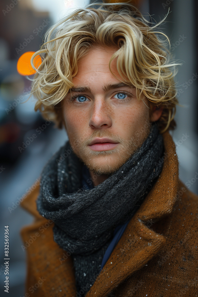Blonde Man in Winter Clothing on the Street Blonde Man in Winter Clothing on the Street
