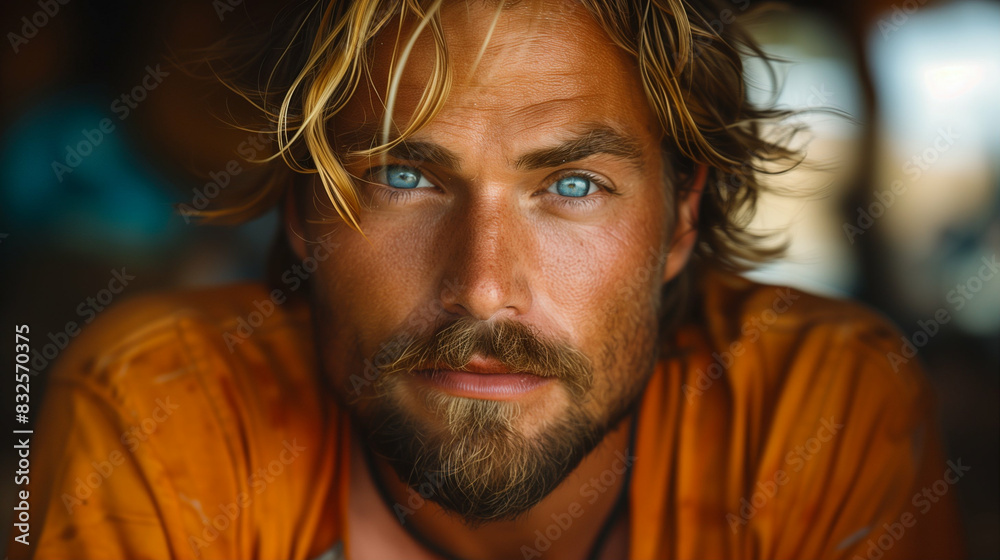 Close-up portrait of a handsome man with piercing blue eyes. Intense gaze and serious expression Close-up portrait of a handsome man with piercing blue eyes. Intense gaze and serious expression