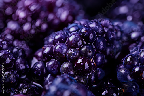 Macro shot of a mulberry texture, clustered drupelets, deep purple color, glossy surface 