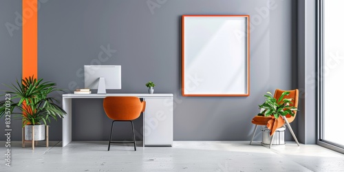 Minimalist office with orange accents photo