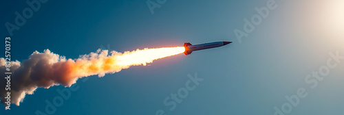 Missile with glowing red tip, speeding through the air, white smoke trail, evening sky  photo