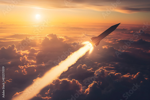 Missile with sharp nose speeding through the atmosphere, white contrail, sunset sky  photo