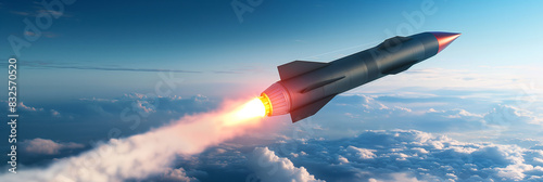 Missile with glowing red tip, speeding through the air, white smoke trail, evening sky  photo