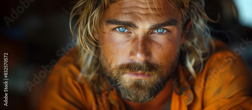 Man with intense gaze and blue eyes. Close-up portrait of bearded and blonde-haired man