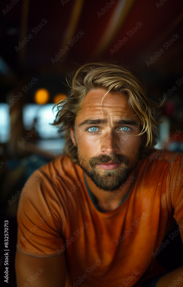 Man portrait in casual setting. Focused stare and intense gaze Man portrait in casual setting. Focused stare and intense gaze