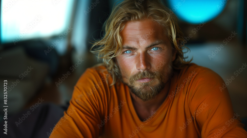 Blonde man close-up portrait. Intense gaze and serious expression Blonde man close-up portrait. Intense gaze and serious expression