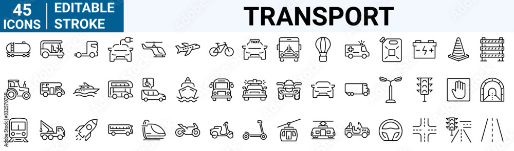 Transport web line icons. Containing car, bike, plane, train, bicycle, motorbike, bus and scooter. Editable stroke. Vector illustration Transport web line icons. Containing car, bike, plane, train, bicycle, motorbike, bus and scooter. Editable stroke. Vector illustration