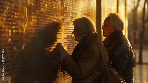 An elderly couple is looking at a memorial wall.